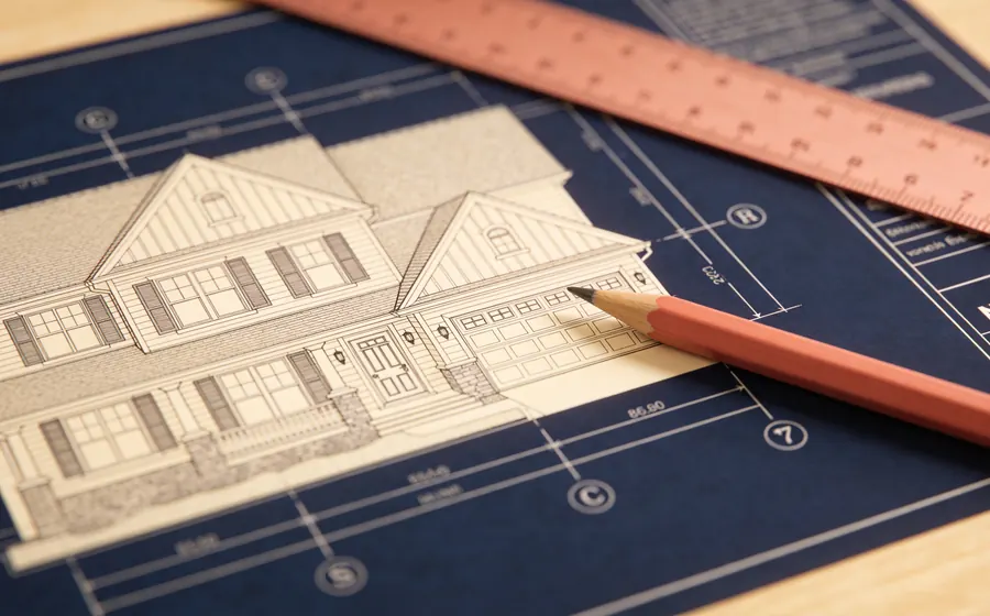 Rysunek architektoniczny domu z ołówkiem i linijką